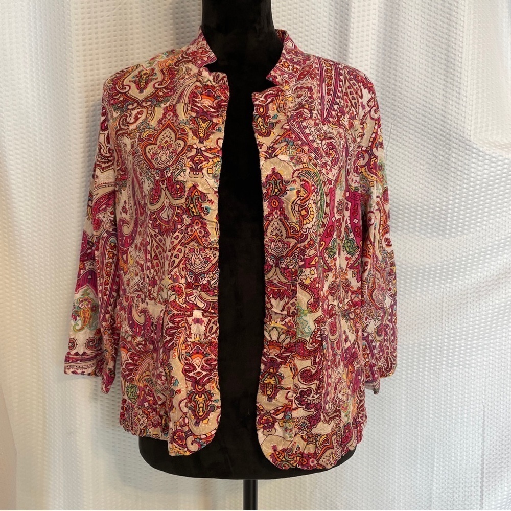 Chico’s linen blend boho multicolor paisley print 3/4 sleeve jacket size Medium